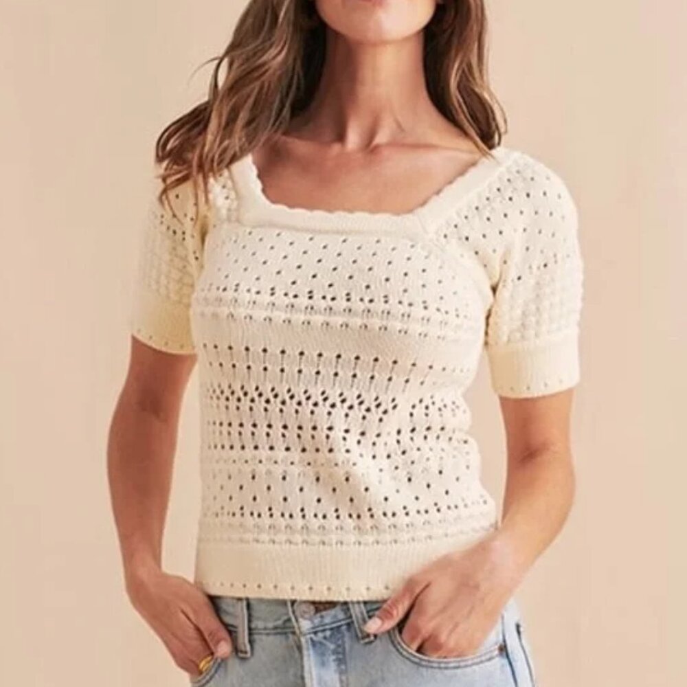 [Faherty] Leandra Summer Crochet Pointelle Stitch Short Sleeve in Ivory Medium